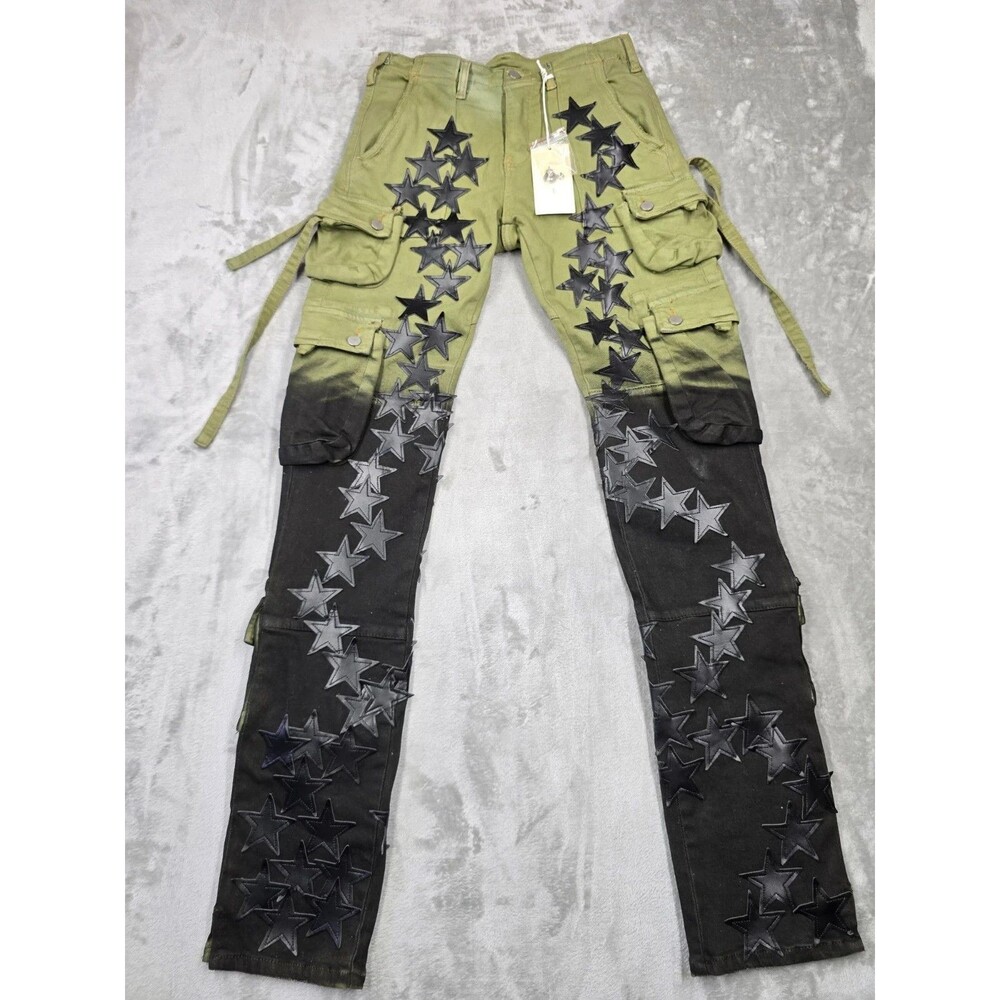 ​MNML Star Cargo Pants Size 28 Green Black Gradient Two Tone Leather Stars Y2K